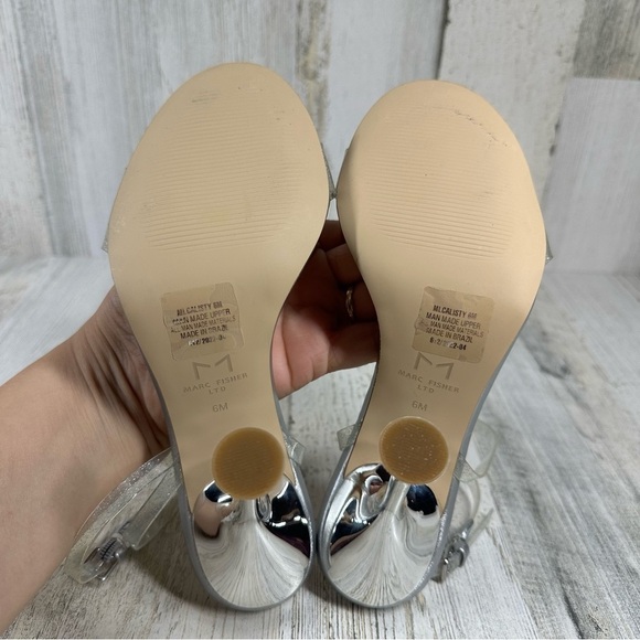 New Marc Fisher Silver Metallic Clear Strappy High Heel Sandals Calisty #715 - Picture 10 of 11